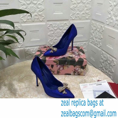 Dolce  &  Gabbana Heel 10.5cm Satin Pumps Blue with Crystal Bow 2021